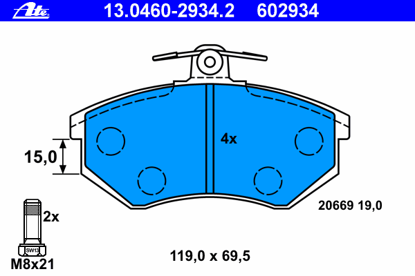Комплект тормозных колодок, дисковый тормоз ATE 13.0460-2934.2