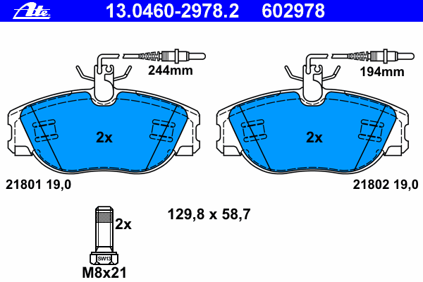 Комплект тормозных колодок, дисковый тормоз ATE 13046029782