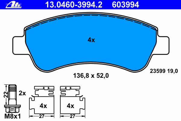 Комплект тормозных колодок, дисковый тормоз ATE 13.0460-3994.2