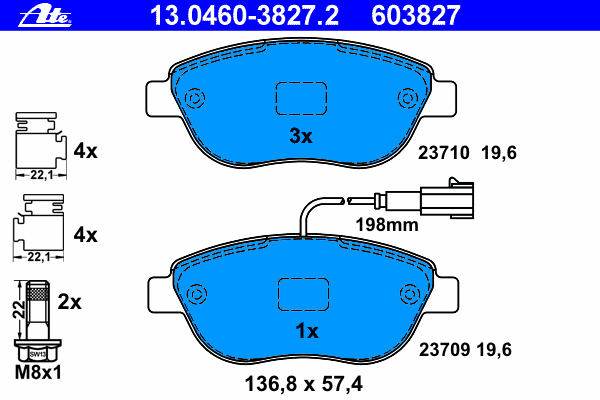 Комплект тормозных колодок, дисковый тормоз ATE 13.0460-3827.2