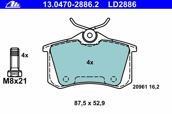 Комплект тормозных колодок, дисковый тормоз ATE 13.0470-2886.2