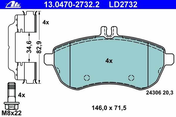 Комплект тормозных колодок, дисковый тормоз ATE 13.0470-2732.2