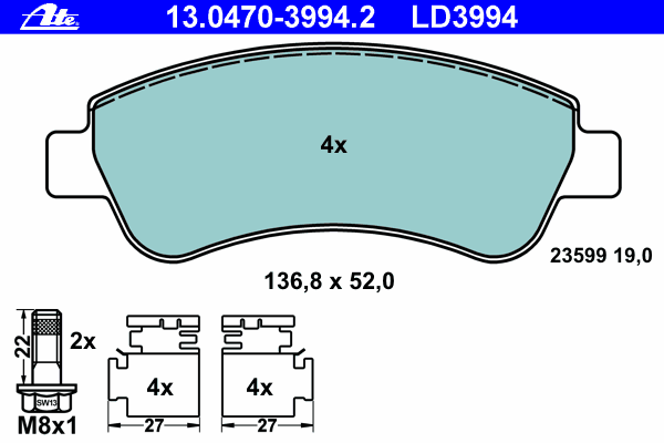 Комплект тормозных колодок, дисковый тормоз ATE 13.0470-3994.2