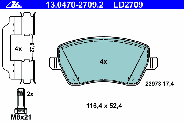 Комплект тормозных колодок, дисковый тормоз ATE 13.0470-2709.2