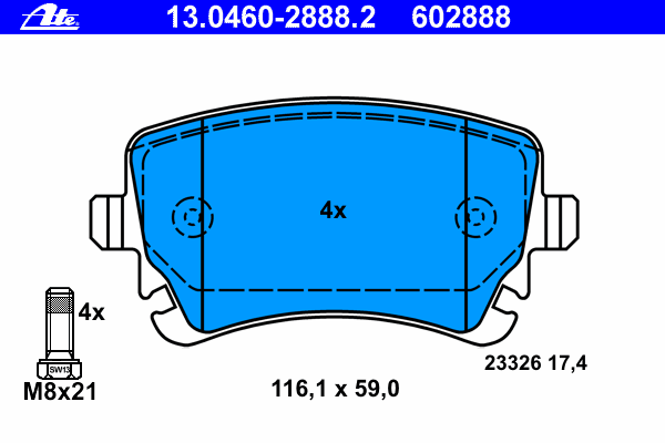 Комплект тормозных колодок, дисковый тормоз ATE 13.0460-2888.2