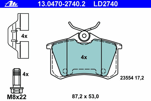 Комплект тормозных колодок, дисковый тормоз ATE 13.0470-2740.2