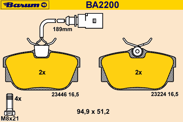 Комплект тормозных колодок, дисковый тормоз BARUM BA2200