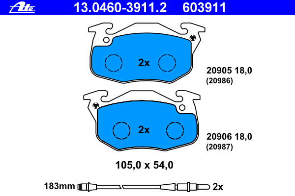 Комплект тормозных колодок, дисковый тормоз ATE 20986