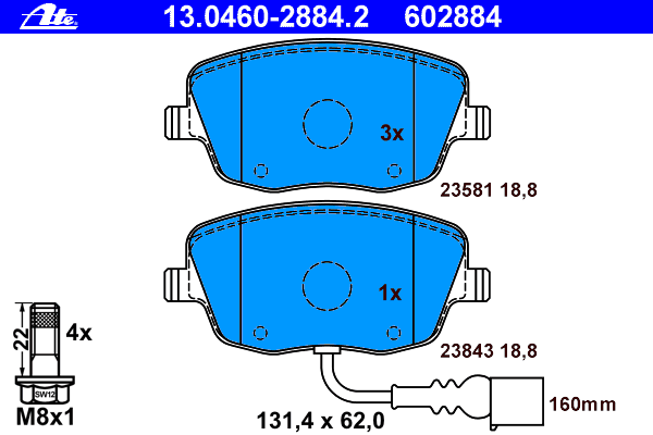 Комплект тормозных колодок, дисковый тормоз ATE 13.0460-2884.2