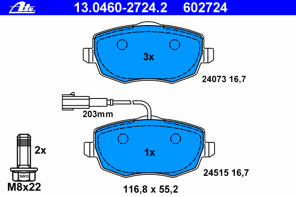 Комплект тормозных колодок, дисковый тормоз ATE 13.0460-2724.2