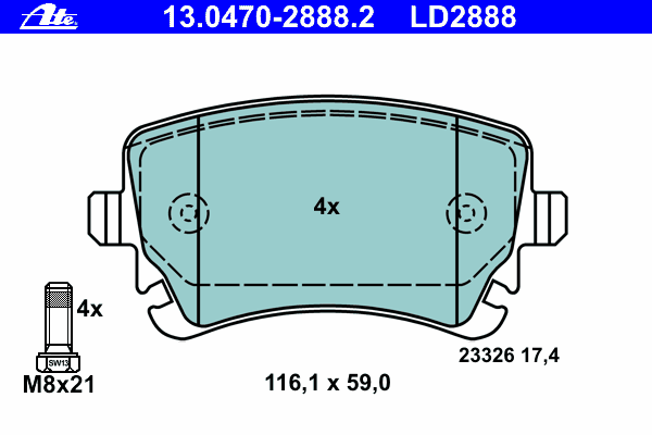 Комплект тормозных колодок, дисковый тормоз ATE 13.0470-2888.2