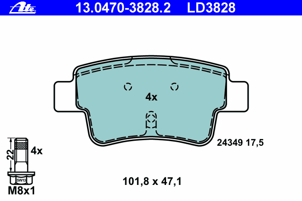 Комплект тормозных колодок, дисковый тормоз ATE 13.0470-3828.2