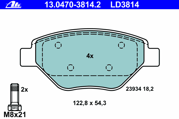 Комплект тормозных колодок, дисковый тормоз ATE 13.0470-3814.2