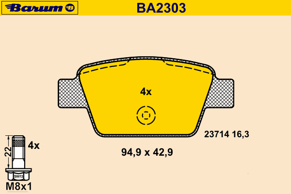 Комплект тормозных колодок, дисковый тормоз BARUM BA2303