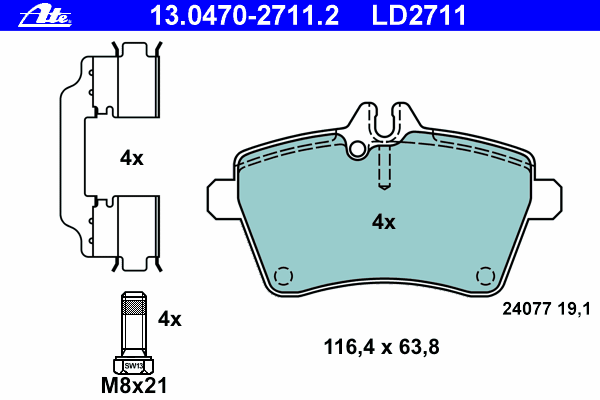 Комплект тормозных колодок, дисковый тормоз ATE 13.0470-2711.2