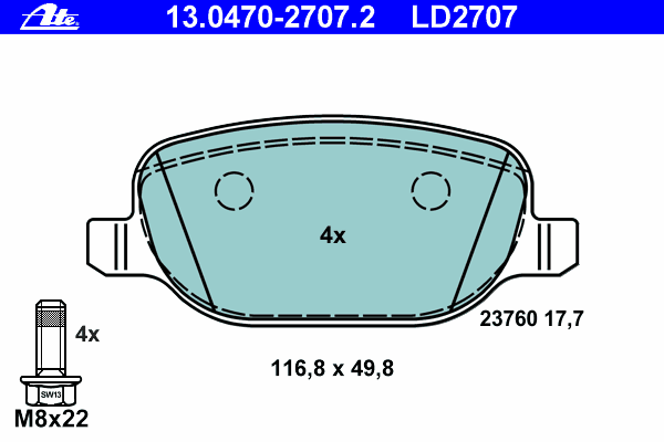 Комплект тормозных колодок, дисковый тормоз ATE 13.0470-2707.2