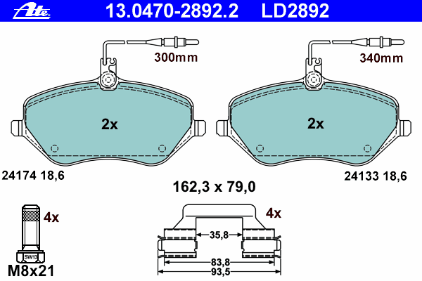 Комплект тормозных колодок, дисковый тормоз ATE 13.0470-2892.2