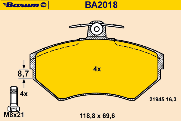 Комплект тормозных колодок, дисковый тормоз BARUM BA2018