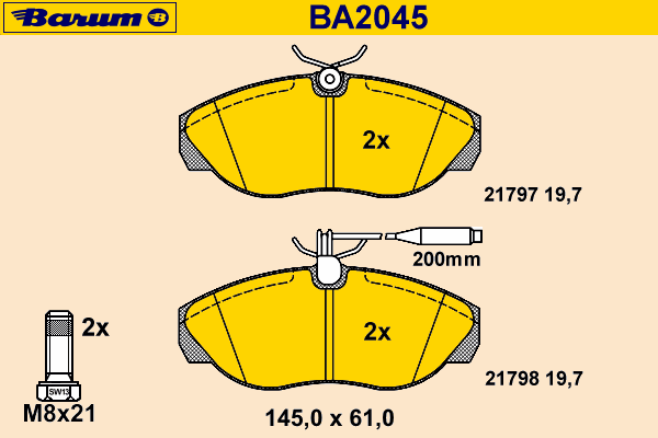 Комплект тормозных колодок, дисковый тормоз BARUM BA2045