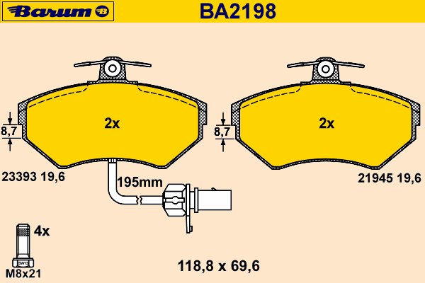 Комплект тормозных колодок, дисковый тормоз BARUM BA2198