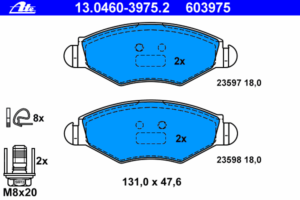 Комплект тормозных колодок, дисковый тормоз ATE 13.0460-3975.2