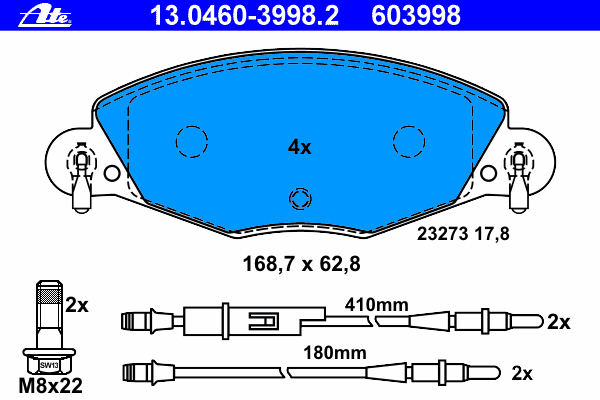 Комплект тормозных колодок, дисковый тормоз ATE 13.0460-3998.2