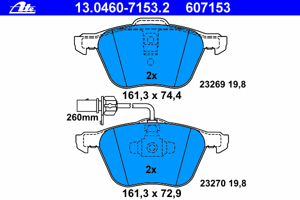 Комплект тормозных колодок, дисковый тормоз ATE 23269