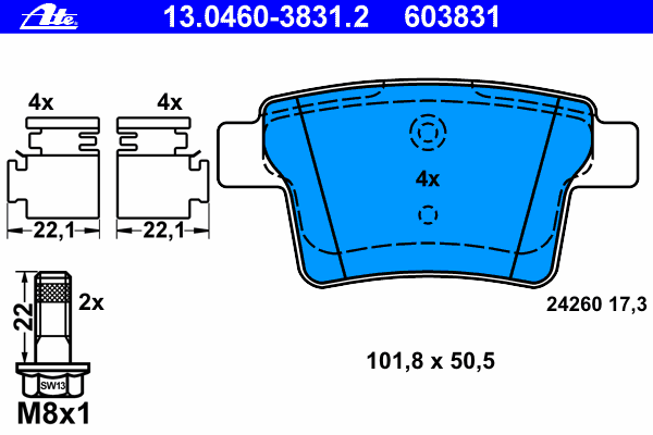 Комплект тормозных колодок, дисковый тормоз ATE 13.0460-3831.2