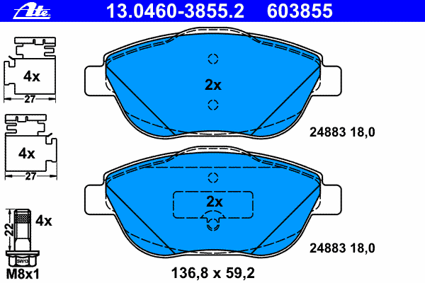Комплект тормозных колодок, дисковый тормоз ATE 13.0460-3855.2