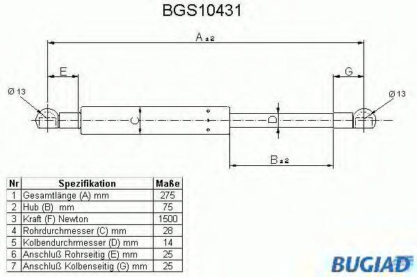 Газовая пружина, крышка багажник BUGIAD BGS10431