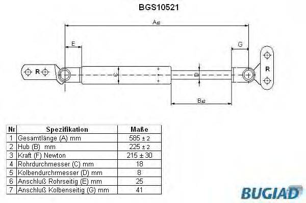 Газовая пружина, крышка багажник BUGIAD BGS10521