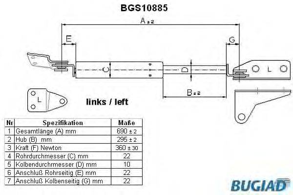 Газовая пружина, крышка багажник BUGIAD BGS10885