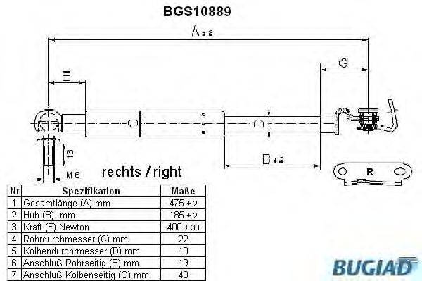 Газовая пружина, крышка багажник BUGIAD BGS10889