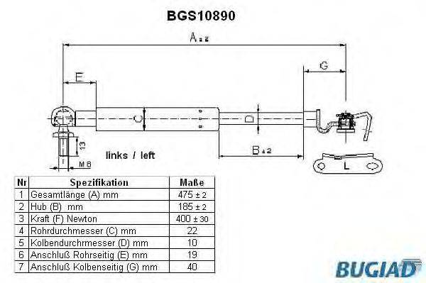 Газовая пружина, крышка багажник BUGIAD BGS10890