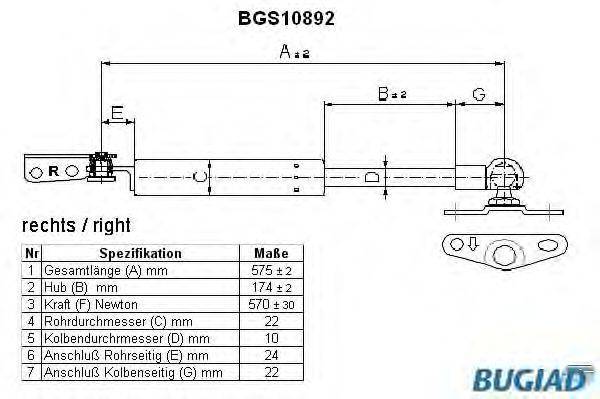 Газовая пружина, крышка багажник BUGIAD BGS10892