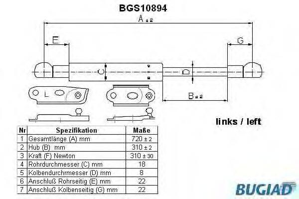 Газовая пружина, крышка багажник BUGIAD BGS10894