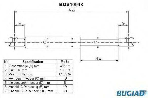 Газовая пружина, крышка багажник BUGIAD BGS10948