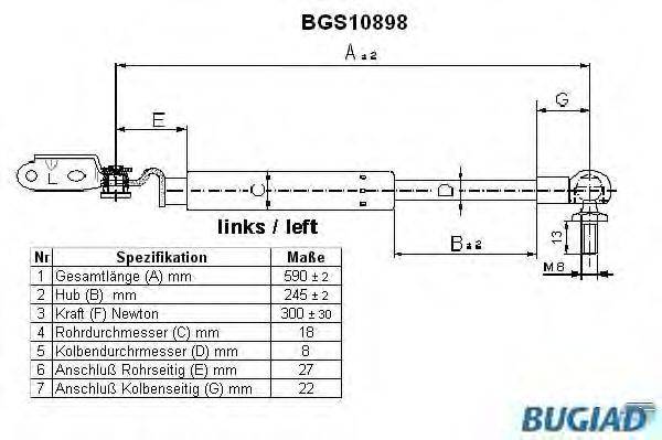 Газовая пружина, крышка багажник BUGIAD BGS10898