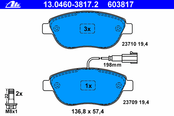 Комплект тормозных колодок, дисковый тормоз ATE 23709