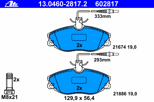 Комплект тормозных колодок, дисковый тормоз ATE 21886