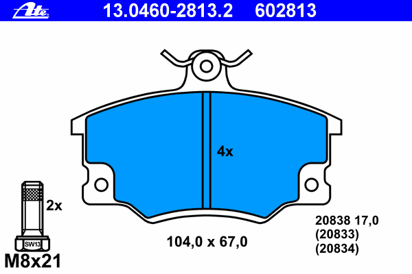 Комплект тормозных колодок, дисковый тормоз ATE 20834
