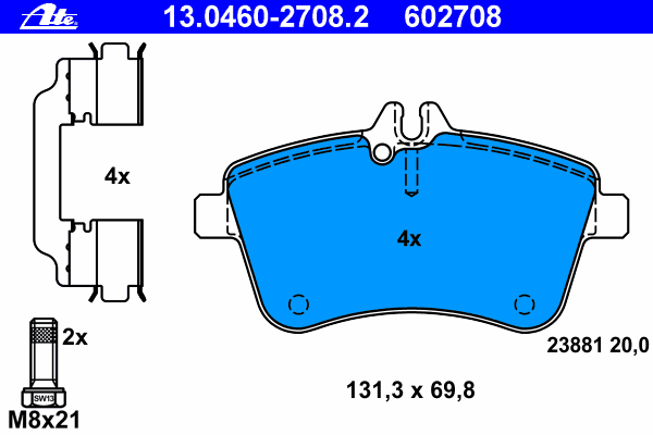 Комплект тормозных колодок, дисковый тормоз ATE 13.0460-2708.2