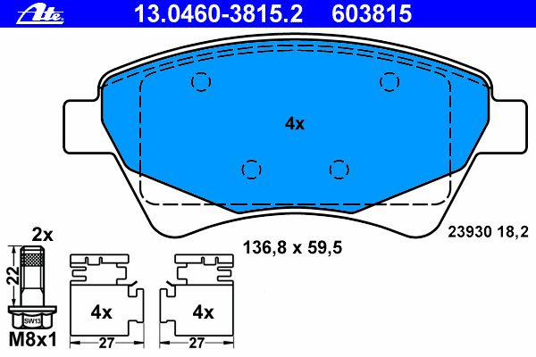 Комплект тормозных колодок, дисковый тормоз ATE 13046038152