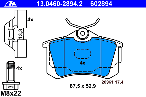 Комплект тормозных колодок, дисковый тормоз ATE 13.0460-2894.2