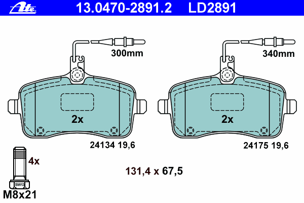 Комплект тормозных колодок, дисковый тормоз ATE 13.0470-2891.2