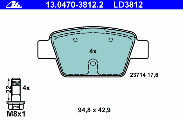 Комплект тормозных колодок, дисковый тормоз ATE 13.0470-3812.2