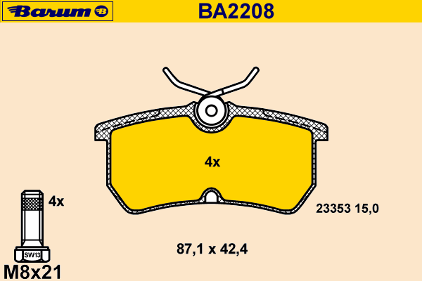 Комплект тормозных колодок, дисковый тормоз BARUM BA2208