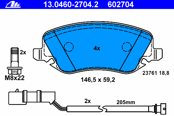 Комплект тормозных колодок, дисковый тормоз ATE 23761