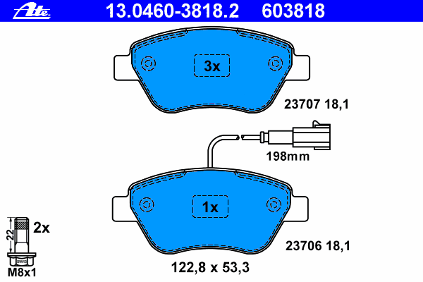 Комплект тормозных колодок, дисковый тормоз ATE 13046038182