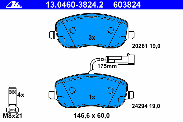 Комплект тормозных колодок, дисковый тормоз ATE 13.0460-3824.2